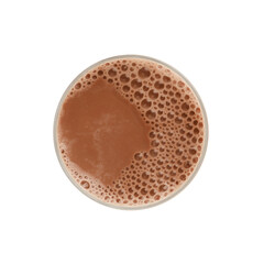 Delicious chocolate milk in glass isolated on white, top view