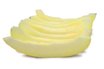 Several slices of ripe sweet melon in a row one after the other. Isolated on white background