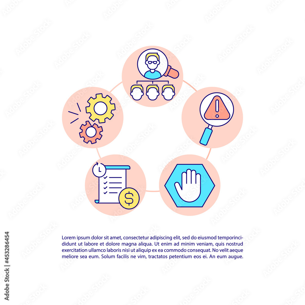 Poster fines for company officials concept line icons with text. ppt page vector template with copy space. 