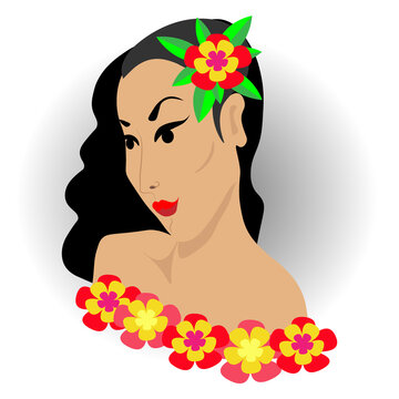 Portrait of a woman with black hair and Hawaiian flowers in her hair, front view, on a white background. Avatar. Isolated, vector illustration. 