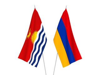 National fabric flags of Armenia and Republic of Kiribati isolated on white background. 3d rendering illustration.