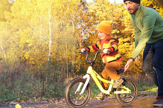 Father and son have fun in autumn park. Cute toddler boy practicing cycling, his dad runs beside him and backs him up. Happy family moments. Candid lifestyle photo.