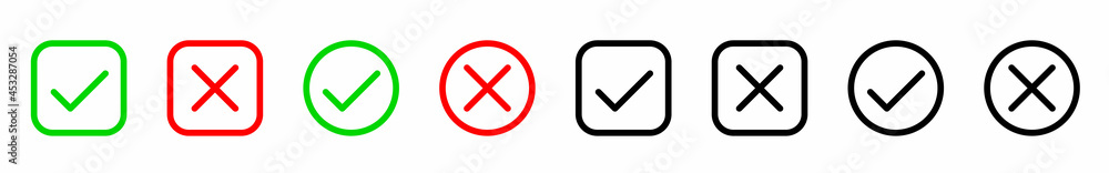 Poster green check mark and red cross icon set. check mark with cross mark. vector icons in square and circ