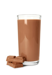 Glass of tasty chocolate milk on white background