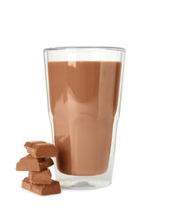 Glass of tasty chocolate milk on white background