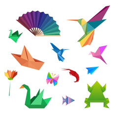 A large set of vector images of animals and insects in origami format made of colored paper. Ready-made icons on a white background.
