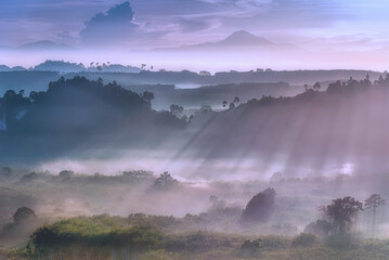 Beautiful scenery mountain view with forest and mist during sunrise time in Surat Thani in Thailand.
