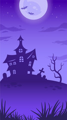 Halloween night illustration. Big glowing moon, dark castle and night spooky landscape. Vector spooky illustration with witch house, evil tree and full moon. Halloween background, poster, decoration