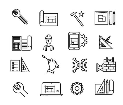 Black building icons in simple style. Building tools. Industry and building, construction icons design. Symbol for app design