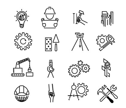 Black building icons in simple style. Building tools. Industry and building, construction icons design. Symbol for app design