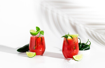 Spicy cocktail with vodka, tomato juice, jalapeno pepper, ice, lime and salt, white background, hard light, negative space