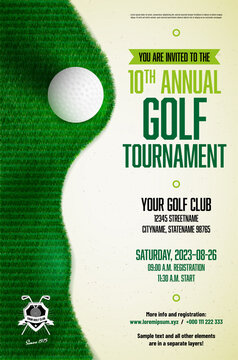 Golf tournament poster template with ball and grass