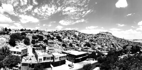 View of the old city center, Mardin, Turkey. Black White.