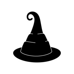 Witch hat vector illustration in simple style. Hand drawn wizard cap for holiday Halloween. Black icon isolated on white background. Scary silhouette magician hat. Accessory for party on Halloween