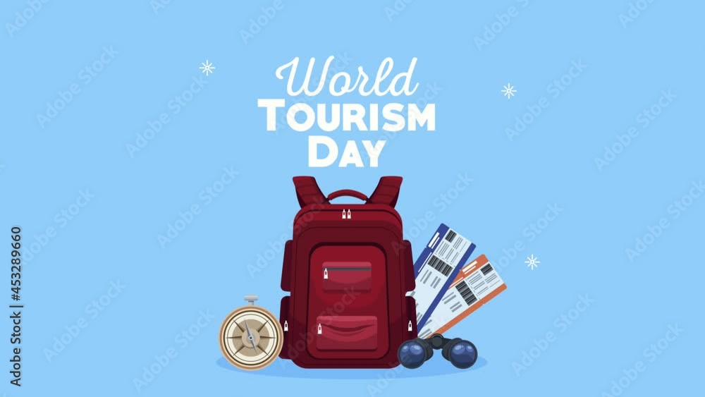 Poster world tourism day lettering with compass and travelbag