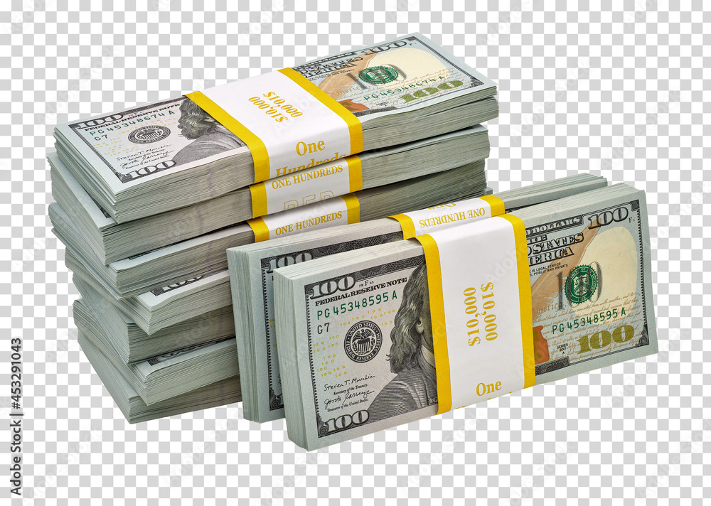 Poster new design dollar bundles stack of bundles of 100 us dollars isolated on white background. including - Posters