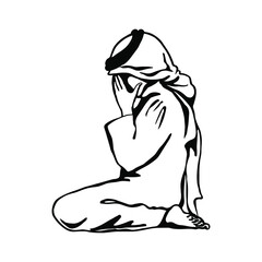 Muslim young man, boy praying namaz. Sketching vector religion illustration.