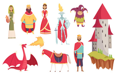 Medieval kingdom characters of middle ages historic period  Illustrations. Peoples set. Kings queens knight jester castle fortress and dragon