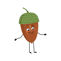 Character acorn with joyful emotions, smile face, happy eyes, arms and legs. Cheerful forest plant, autumn nut