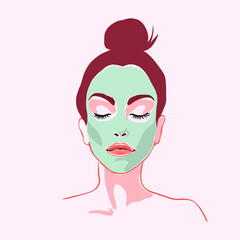 Beautiful young woman is applying a blue clay mask on a face. Flat hand drawn female portrait. Healthcare and beauty treatment and spa relaxing concept.