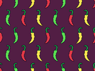 Hot chili peppers seamless pattern in style pixel art. Pixel chili pepper in 8 bit retro video game graphics style 80s - 90s. Design for wrapping paper, banners, and fabric prints. Vector illustration