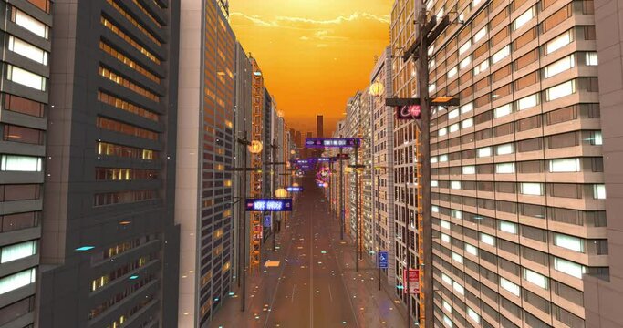 Hyper lapse City Flight. Panoramic Skyline Of Metropolitan Smart City. Technology and Business related 4K 3D animation.