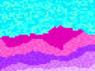 Colorful landscape in pixel art style. Retro 8-bit video game of the 90s in 2D.  Design for printing, wrapping paper and advertising. Vector illustration Vector illustration