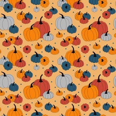 Vector seamless autumn pattern of orange, red, blue, and grey pumpkins stylized in a flat and doodle style in the orange background. Hand-drawn fall texture.Background for textile wallpapers