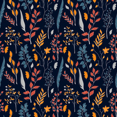 Vector seamless autumn pattern of orange, red, blue, and grey leaves and feathers stylized in a flat and doodle style in the dark background. Hand-drawn leaf texture.Background for textile wallpapers