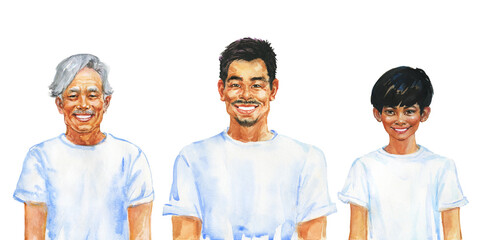 Painting smiling asian men and boy, father and son. Different generation concept. Hand drawn realistic family portrait. Watercolor illustration on white background - 453293830