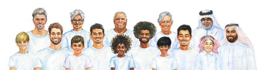 Painting smiling boys and men. Fathers, grandfathers and sons of different nationalities. Hand drawn realistic male portrait. Watercolor illustration on white background. - 453293859