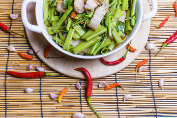 Thai food style pork puff water spinach