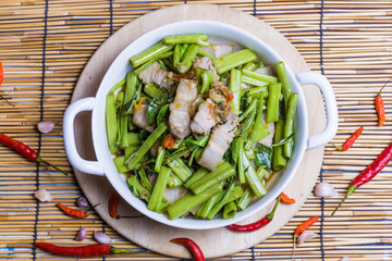 Thai food style pork puff water spinach