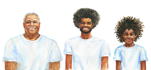 Painting smiling african men and boy, father and son. Different generation concept. Hand drawn realistic family portrait. Watercolor illustration on white background - 453293883
