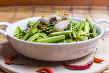 Thai food style pork puff water spinach