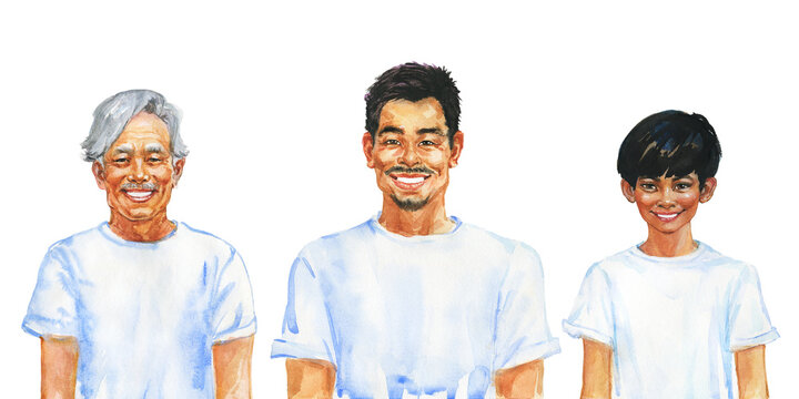Painting smiling asian men and boy, father and son. Different generation concept. Hand drawn realistic family portrait. Watercolor illustration on white background