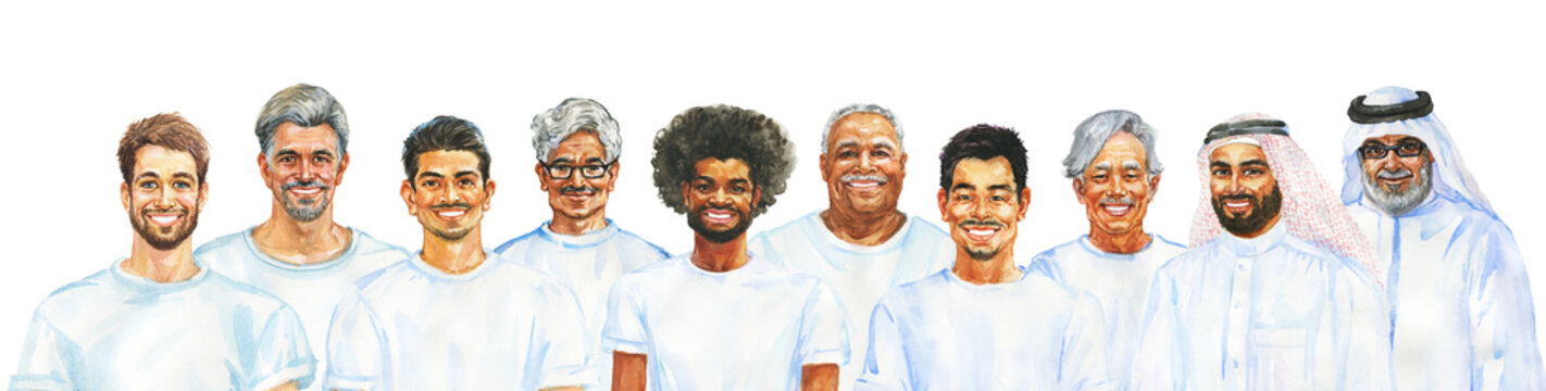 Painting smiling men of different ages. Hand drawn realistic male international portrait. Watercolor illustration on white background.