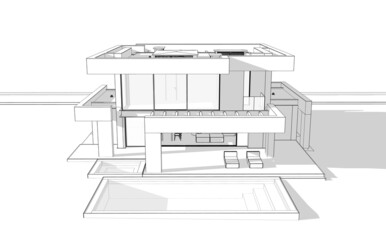 3d rendering of modern cozy house with pool and parking for sale or rent in luxurious style. Black line sketch with soft light shadows on white background