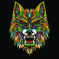 Abstract Ornament Doodle Art Wolf Illustration Cartoon Concept Vector. Suitable For Logo, Wallpaper, Banner, Background, Card, Book Illustration, T-Shirt Design, Sticker, Cover, etc