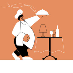 The chef in the restaurant. Vector illustration in a flat style. The cook serves the dish to the table. Eating out. A decorative element for a cafe, bistro.