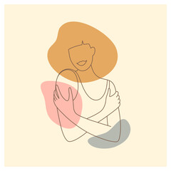 Femininity aesthetic abstract poster. Woman embracing shoulders. Female silhouette in trendy linear style. Portrait of lady in hat hugging self. Love, care yourself, body positive vector illustration