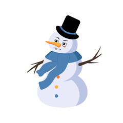 Cute Christmas snowman with emotions of a hero, a brave face, arms and legs. Joyful New Year festive decoration with courage expression