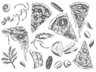 Pizza line banner. Engraved style doodle background. Savoury pizza ads with 3d illustration rich toppings dough. Tasty  banner for cafe, restaurant or food delivery service