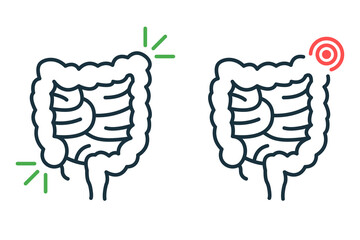 Healthy and Sick Bowel Line Icon. Health, Illness Large Intestine Pictogram. Diseased Colon Outline Icon. Diarrhea, Dysbiosis, Stomachache Concept. Editable Stroke. Isolated Vector Illustration