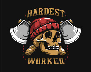 Hardest worker skull lumberjack artwork for tshirt with emblem design vector
