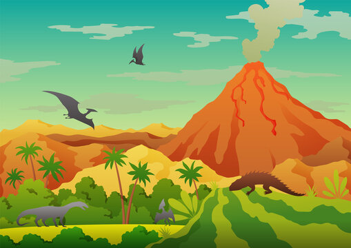 Prehistoric landscape - volcano with smoke, mountains, dinosaurs and green vegetation.  illustration of beautiful prehistoric landscape and dinosaurs