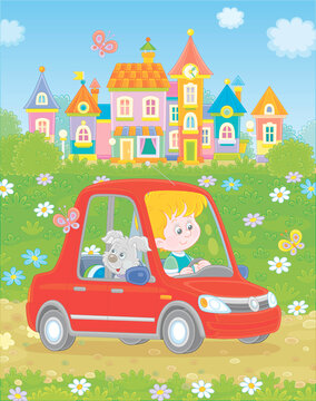 Smiling little boy with his cheerful pup driving a red toy car on a road out of a pretty small town on a sunny summer day, vector cartoon illustration