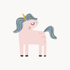Cute pink unicorn on a white background. Vector illustration for printing on fabric, packaging paper, postcard. Cute children's background