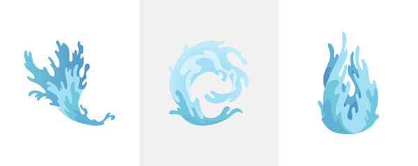 Water splash. Blue water waves set, wavy liquid symbols of nature in motion. Isolated  design elements