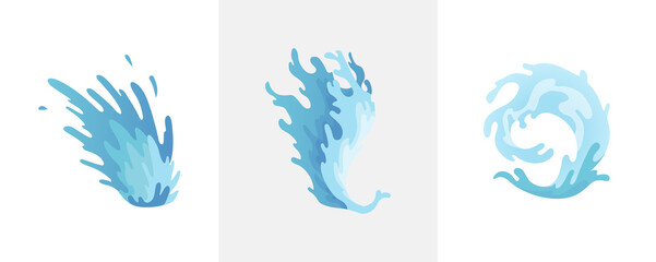 Fototapeta na wymiar Water splash. Blue water waves set, wavy liquid symbols of nature in motion. Isolated design elements